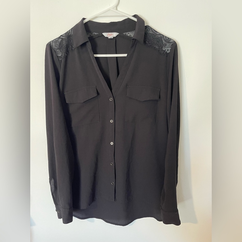Candie's Black Button Down Shirt Lace Shoulder Detail Long Sleeve Top Small‎